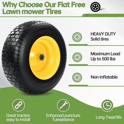 2 PCS 16x6.50-8 Flat Free Riding Lawn Mower Tire and Wheel with 1" Bushing, 3/4"Bearing，3"Offset Hub,Fit for Lawn Mowers and Garden Tractor, Solid Mower Wheel for Residential and Commercial 500 Lbs