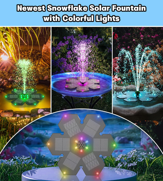 SZMP Solar Fountain Upgraded, 3.5W Snowflake Double Layer Colorful Lights, 2000mAh Battery 4 Fixes & 7 Nozzles, Solar Bird Bath Fountain for Garden Patio Pond Outdoor Décor
