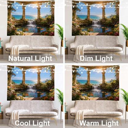 Shrahala Green Beautiful Landscape Wall Tapestry, Palace Beauty Retro Pavilion Waterfall Nature Scenery Wall Hanging Large Tapestry Decoration Fiber White Hem Around For Dorm Room Bedroom 30 X 40 In