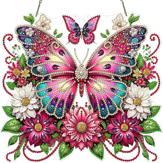 LPDJITO Butterfly Diamond Painting Kits Hanging Pendant, Special Shaped Crystal DIY Flowers Diamond Art Hanging Sign Double-Sided Pattern Gem Painting Window Door Ornament