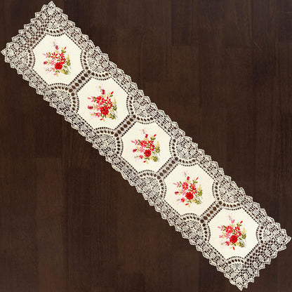Grelucgo Handmade Crochet Table Runner with Floral Embroidery, Pink and Red (15 x 68 inches)