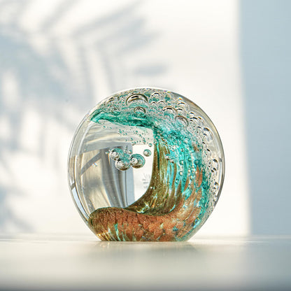 Hand Blown Glass Ocean Wave Ball, 2.3" Blue Sea Wave Crystal Figurine Paperweight, Decorative Glass Sphere Ornament for Home Office, Nautical Decor Collectible, Birthday Gift for Ocean Lovers