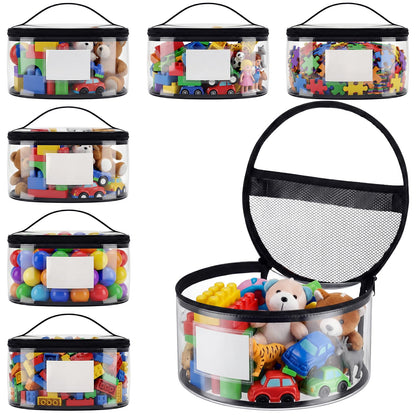 Sunnymove 6 Pcs Round Clear Toy Storage Bag with Handle PVC Cylinder Storage Bags with Label Pocket Waterproof Toys Organizer Bags for Building Blocks Puzzles & Game Pieces Portable Toy Tote