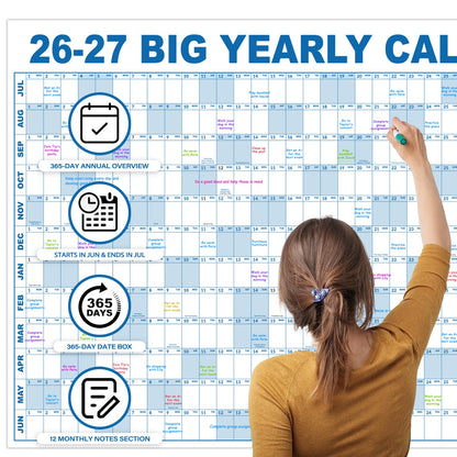 2026-2027 Dry Erase Wall Calendar - July 2026- June 2027, 35.2" x 50", Extra Large Yearly Wall Calendar 2026-2027, 12-Month Note Section & 365 Daily Block, 10 Round Stickers, Perfect for Home, Office and School