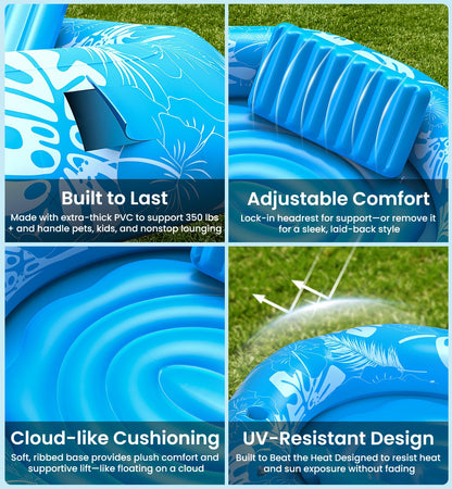 Pool Inflatable Tanning Pool Lounger Float with Sprinkler, 72"x65" Round Pool Float Adults with Pillow XL Cup Holder Handle Blow Up Tanning Bed for Summer Sunbathing Water Lounge Party Gifts, Blue