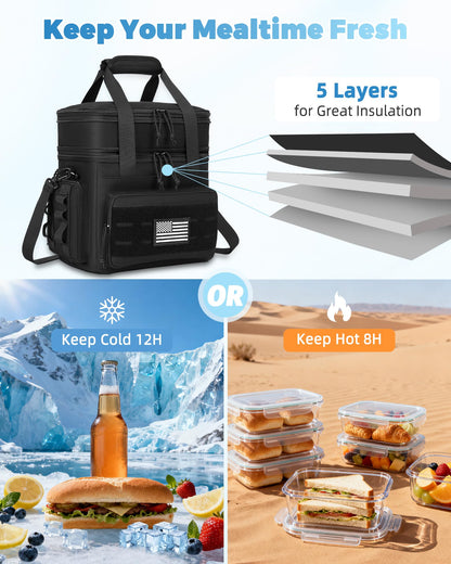holuxer Tactical Lunch Bag & Lunch Box for Men - Large Double Deck Expandable Insulated Soft Adult Lunchbox for Work - Cooler Bag for Beach, Picnic, Camping,Outdoor，Travel (Black,16L)