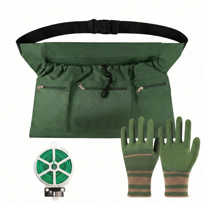 XJlSGXUSG Garden Apron with Deep Pockets - Adjustable Waist Tool Apron & Organizer with Zipper Pouch - Includes Thorn Resistant Gloves & 65ft Plant Tie - Heavy Duty Gardening Gift Kit for Women & Men