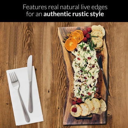 Acacia Charcuterie Board with Natural Live Edge & Round Handle - Wood Cheese Board - Decorative Wooden Serving & Cutting Board - Housewarming, Mothers Day, New Home & Wedding Gifts (18” x 8”)