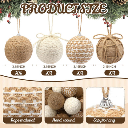 Leyndo 16 Pcs 3.15 Inch Burlap Christmas Ball Ornaments Rustic Farmhouse Christmas Tree Ornaments Neutral Jute Rope Hanging Balls Decorations Boho for Xmas Party Holiday Decor(Rustic Style)