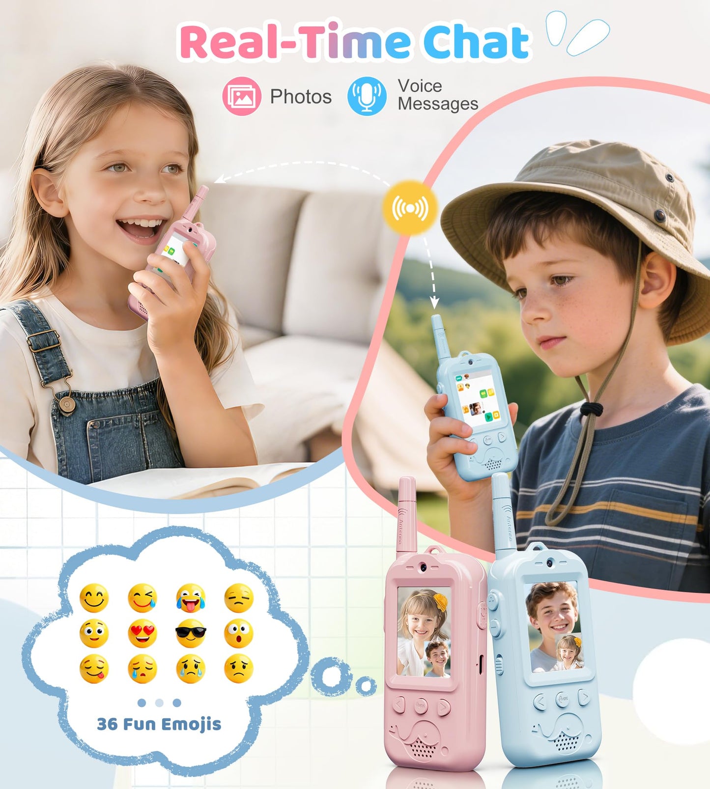 Dual Cameras Video Walkie Talkies for Kids, 2 Pack Rechargeable Kids Walkie Talkies Real-Time Video Chat, 2.0" Screen, Voice Intercom, Emoji, Photo, Music, Birthday Gifts for Boys Girls Age 3-9
