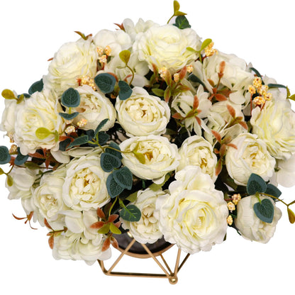 Faux Flowers with Vase, Silk Peony Bouquet Artificial Flowers in Vase, Fake Flowers Floral Arrangement for Home Decor Indoor, Table Centerpieces Flowers Decoration for Farmhouse (White Peony)