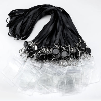 Woanger 50 Sets Black Lanyards with Retractable Reel Solid Color Black Lanyards Bulk Retractable with Vertical PVC Name Badge Holders