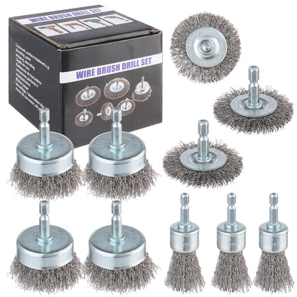 Rocaris 10-Pack Carbon Steel Wire Wheel, Cup, Pen Brush Set with 1/4-Inch Hex Shank for Rust Removal, Corrosion and Scrubbing Surfaces