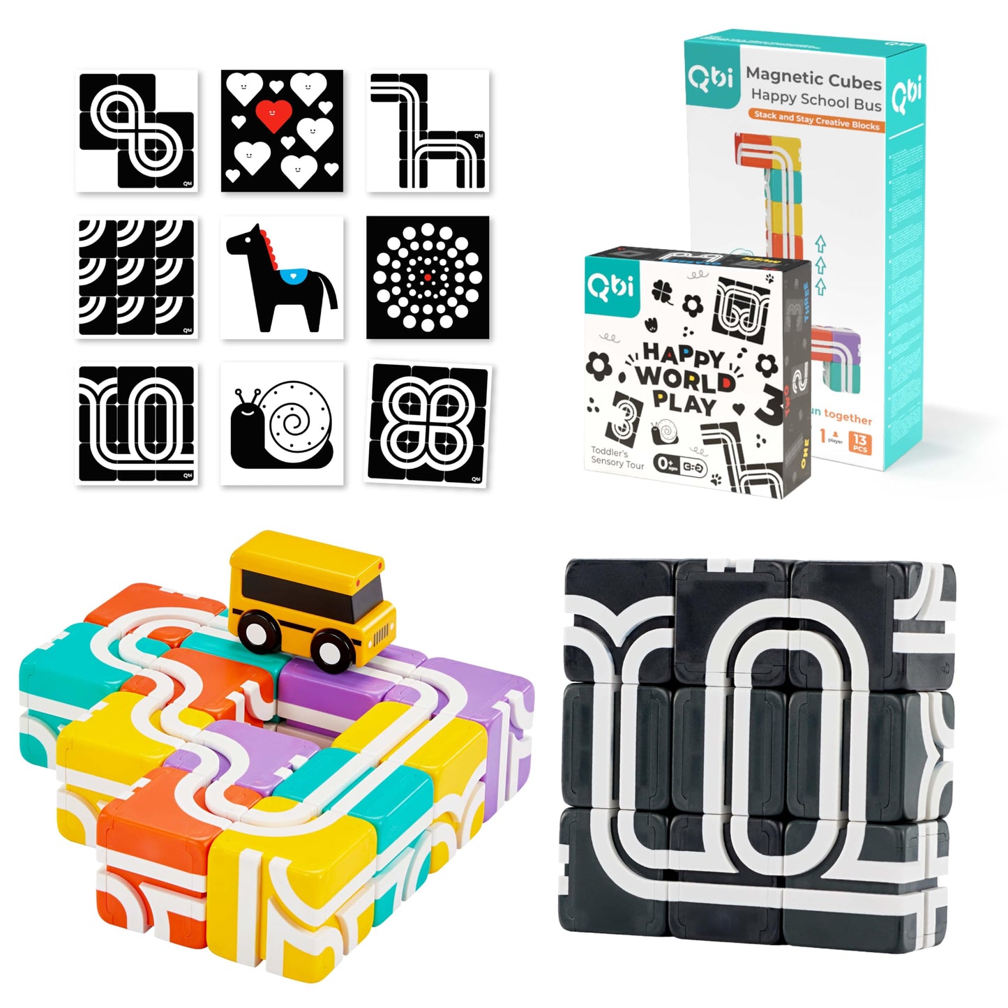 QBI Toy 2 Sets Combo | Happy School Bus & Happy World Play, Magnet Building Tiles, Colorful Blocks Construction Educational STEM Toys with Kids car for 1+ Year Old Boys & Girls (13 pcs+ 9 pcs)