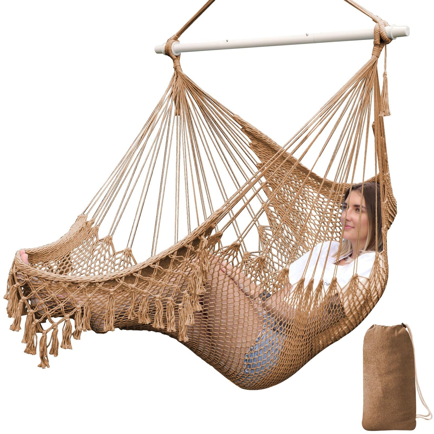 Chihee Hammock Chair Handmade Hanging Chair Cotton Rope Woven Hanging Seat Soft-Spun Large Stretch Hammock Swing, Collapsible Strong Metal Spreader Bar Elegant Macrame Comfort Indoor Outdoor Garden