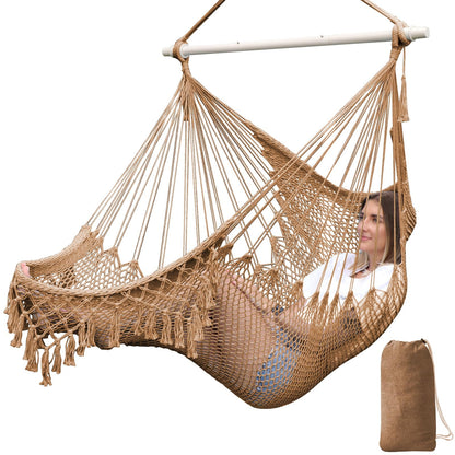Chihee Hammock Chair Handmade Hanging Chair Cotton Rope Woven Hanging Seat Soft-Spun Large Stretch Hammock Swing, Collapsible Strong Metal Spreader Bar Elegant Macrame Comfort Indoor Outdoor Garden