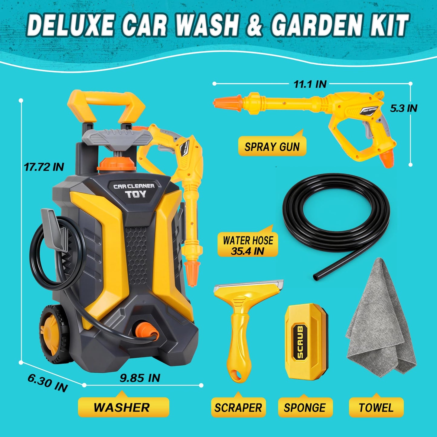 Kids Car Wash Toy Pressure Washer Playset with 1.3L Tank & Manual Pump Spray Gun, Outdoor Summer Water Toys for Toddlers, Portable Cleaning Pretend Play Gift for Boys Girls Ages 3+