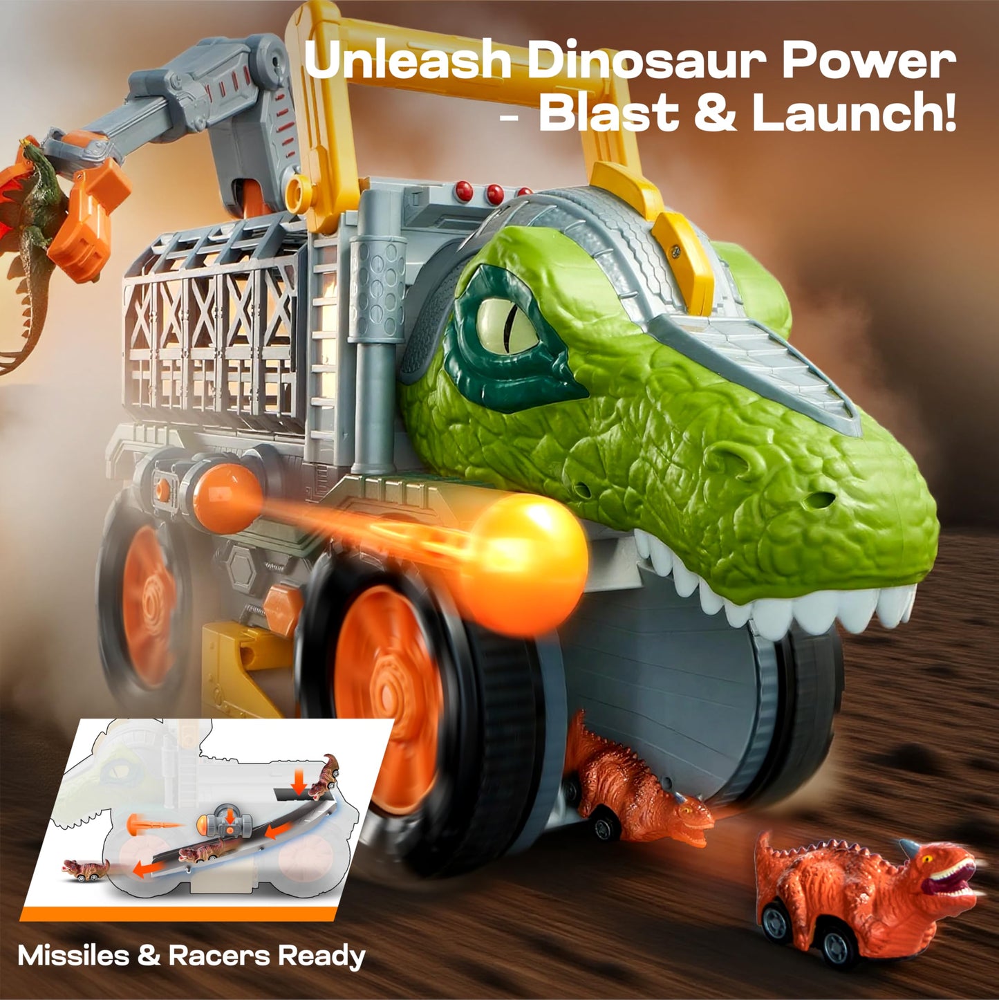 JOVA Vroomix Dinosaur Toy for Toddlers 2 3 4 5+ Year Old, Extra Large Dinosaur Monster Truck with Figures, T-Rex Toy with Launcher and Darts, Crane Arm & Tunnel, Jurassic Toy for Boys Birthday Gift