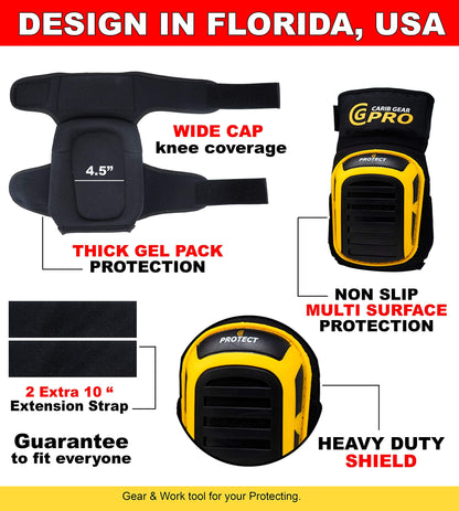 CARIB GEAR PRO USA Work Knee Pads for Men and Women Heavy Duty Double Gel Construction Knee Pads with Anti Slip Straps for Flooring Tiling Gardening Includes Leather Gloves and Safety Glasses