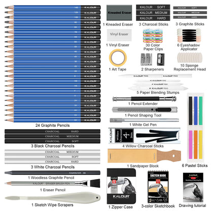 KALOUR PDAS 112 Drawing Set Sketch Kit, Pro Art Supplies with 3-Color Sketchbook, Graphite, Charcoal Pencils, Art Drawing Kit for Artists Adults Teens Beginners, Ideal for Shading & Blending