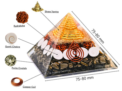 Amazing Gemstone Orgone Pyramid for Money Magnet Pyrite Crystals with Rudraksha, Gomati Chakra, Shree Yantra - Authentic Orgonite & Organite Gifts to Atrract Money Wealth Pooja, Financial Growth