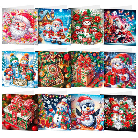 YGbaby 12 Packs DIY 5D Diamond Painting Christmas Cards Kits for Adults - Crystal Box Snowman Diamond Art Greeting Cards - Merry Christmas Gem Art Gifts for Xmas Family and Friends