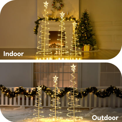JOIEDOMI 3 Pack Spiral Christmas Tree Lights, 218 LED Outdoor Lighted Tree with Star Topper & Stakes, Christmas Decorations for Yard Porch Patio Garden Holiday Xmas Eve Night Décor, Warm White