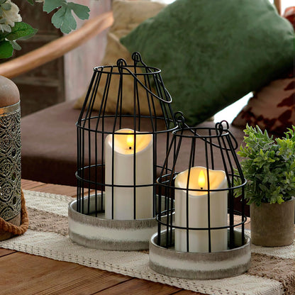 Homemory Rustic Farmhouse Lantern Decor with Flameless Candle & Remote Timer, 2PCS Stylish Metal Candle Holder Home Decorations for Fireplace Mantle Kitchen Dining Table Living Room