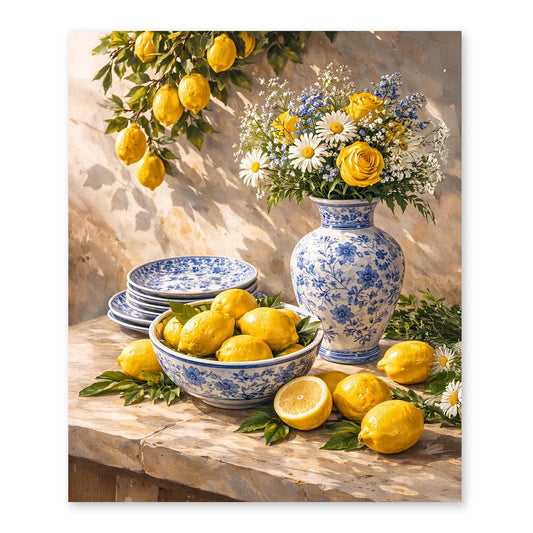 FUHYGU Rustic Blue Chinoiserie Floral Lemon Diamond Art Kits for Adults Beginners, Cottagecore Spring Lemon Fruit DIY Gem Diamond Painting Art Kits for Farmhouse Kitchen Home Wall Decor, 9.8x11.8 Inch