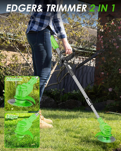 Cordless Weed Wacker Battery Powered, 2-in-1 Electric String Trimmer & Edger, 21V Foldable Grass Cutter with 2.0Ah Battery and Charger, Lawn Tool for Garden Yard Maintenance