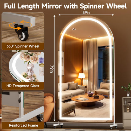 Hasipu 79" x 40" Arched LED Rolling Gym Mirror with Wheels, Dimmable Lighted Body Mirror with 3 Color Temperatures & Adjustable Brightness for Bedroom, Yoga Studio & Home Gym