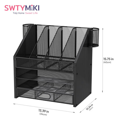 SWTYMIKI Desk Organizer with Drawers - Mesh and Wood Desk File Organizer with Pen Holders, 4-Tier Paper Organizer for Office Organizer and Accessorie, School and Home Storage, Black