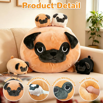 MMguai 16 Inch Large Pug Stuffed Animals with Babies, Mommy Pug Dog with Puppies Inside Belly,Soft French Bulldog Pillow Plush Toy Plushie Gift for Kids Boy Girl, Brithday Decor