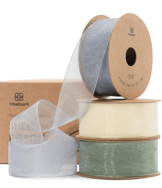 Vitalizart Organza Sheer Ribbon Set 1 inch x 30 Yd Handmade Fabric Ribbons for Gift Wrapping Christmas Tree Crafts Bows Wedding Invitations Wreaths Wrap Cream White Dusty Blue & Green