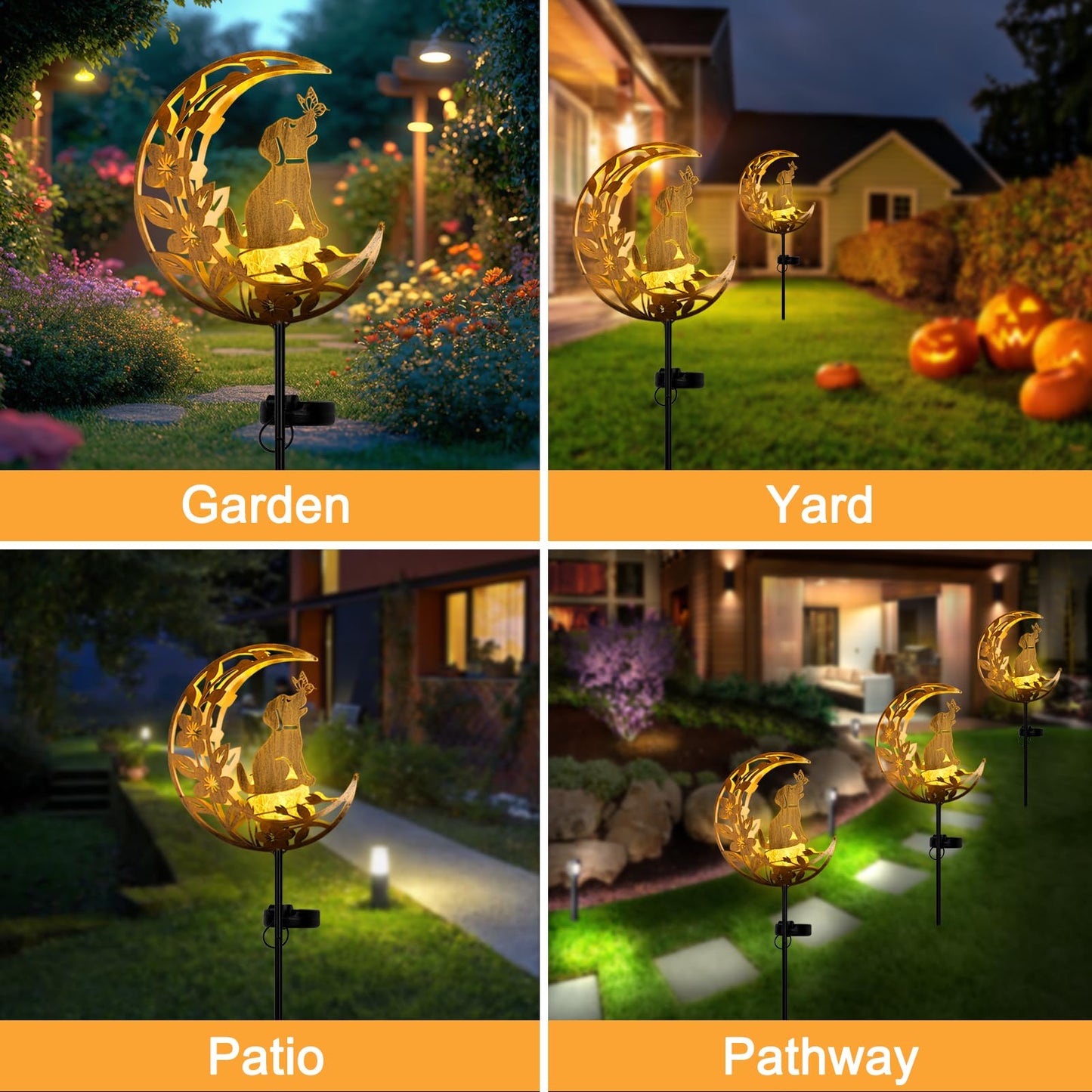 JOBOSI Solar Iron Art Flower Planting Moon Dog Waterproof Outdoor Solar Light for Garden, Yard, Patio Decor, Auto On/Off, Long-Lasting Battery, Unique Gift for Mom, Grandma, Christmas