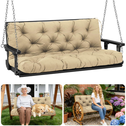 Porch Swing Cushions Outdoor 60 inch x 40 Waterproof Swing Cushions 3 Seater Replacement with Backrest & 8 Ties 5" Thick Bench Swing Cushions for Outdoor Furniture Patio(Khaki)