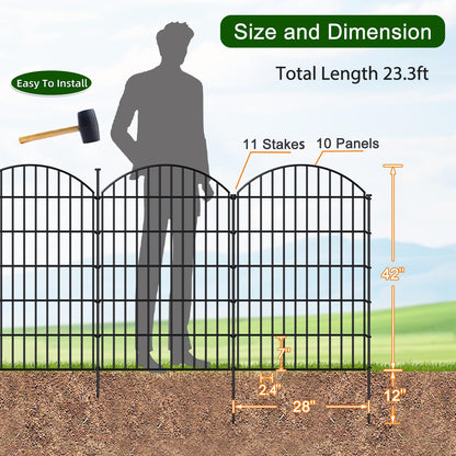 FOREHOGAR Metal Garden Fence 42in (H) x 23.3ft (L), 10 Panels + 11 Stakes Dog Fence Border Fence Animal Barrier, No Dig Garden Fencing for Yard Flower Bed Lawn Patio Outdoor, CTW4210 Black