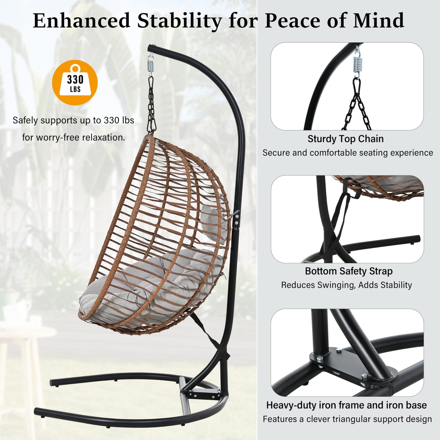 GDFStudio Hammock Chair with Stand, Rattan Wicker Hanging Egg Chair with Cushion & Headrest, Iron Frame Folding Patio Hammock Swing Chair for Indoor Outdoor Balcony Porch Garden, 330 lbs, Brown+Gray