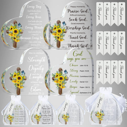 12 Set Acrylic Christian Gifts Inspirational Bible Verse Gifts Set Include 12 Sunflower Heart Paperweight 12 Organza Bags 12 Thank You Cards Scripture Religious for Women Men Christmas