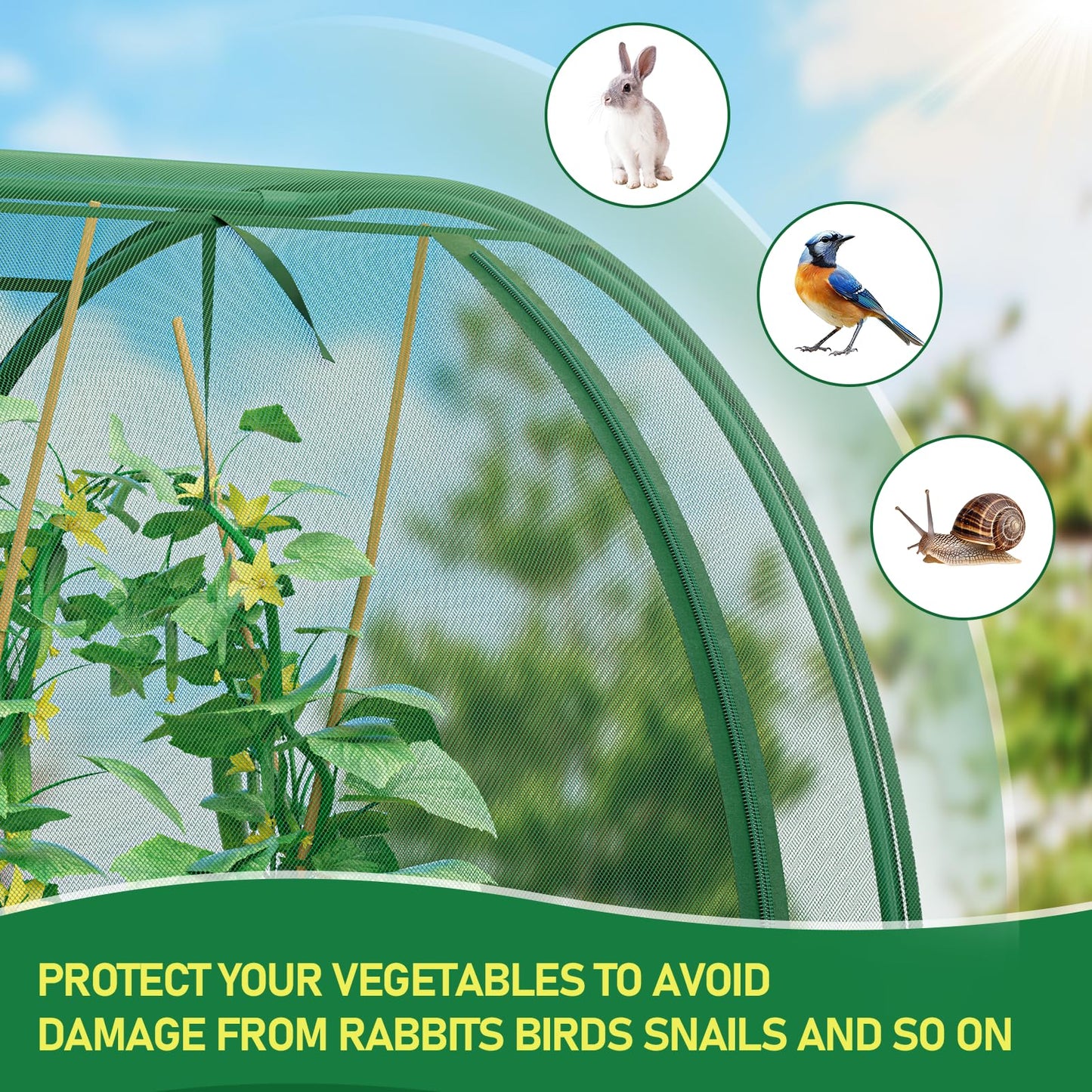 SPECILITE 98x49x49in Garden Plant Netting Mesh Cover for Raised Bed with Roll-up Zipper Door for Vegetables Fruits, Large Tunnel Gardening Net, Green