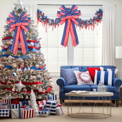 EVRWO 2 PCS Large Patriotic Wreath Bows Star and Stripe America Flag Bow 4th of July Red Blue Burlap Bow for Veteran's Day Independence Day Memorial Day Front Door Holiday Party Home Decor 20 * 12"
