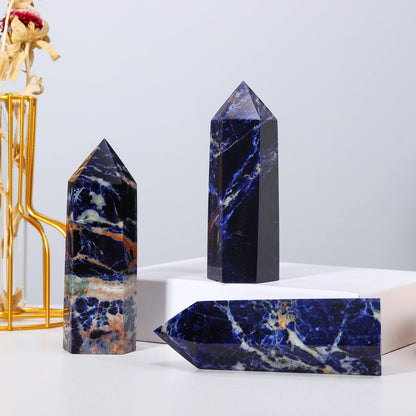 Runyangshi Large Sodalite Natural Healing Crystal Wand 4.72"-5" Blue-Veins Stone Quartz Tower 6 Faceted Single Point Crystals Prism Wand for Meditation Reiki Chakra Therapy Home Decor Gift