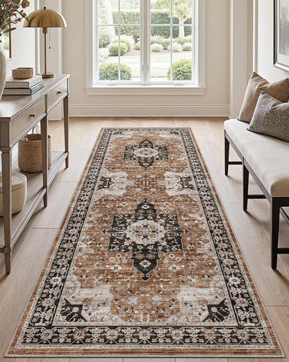 DEXI Hallway Washable Runner Rug 3x7, Vintage Farmhouse Thin Kitchen Runner with Non Slip Backing, Soft Entryway Floor Rug, Stain Resistant Distressed Carpet for Bedroom Living Room, Brown
