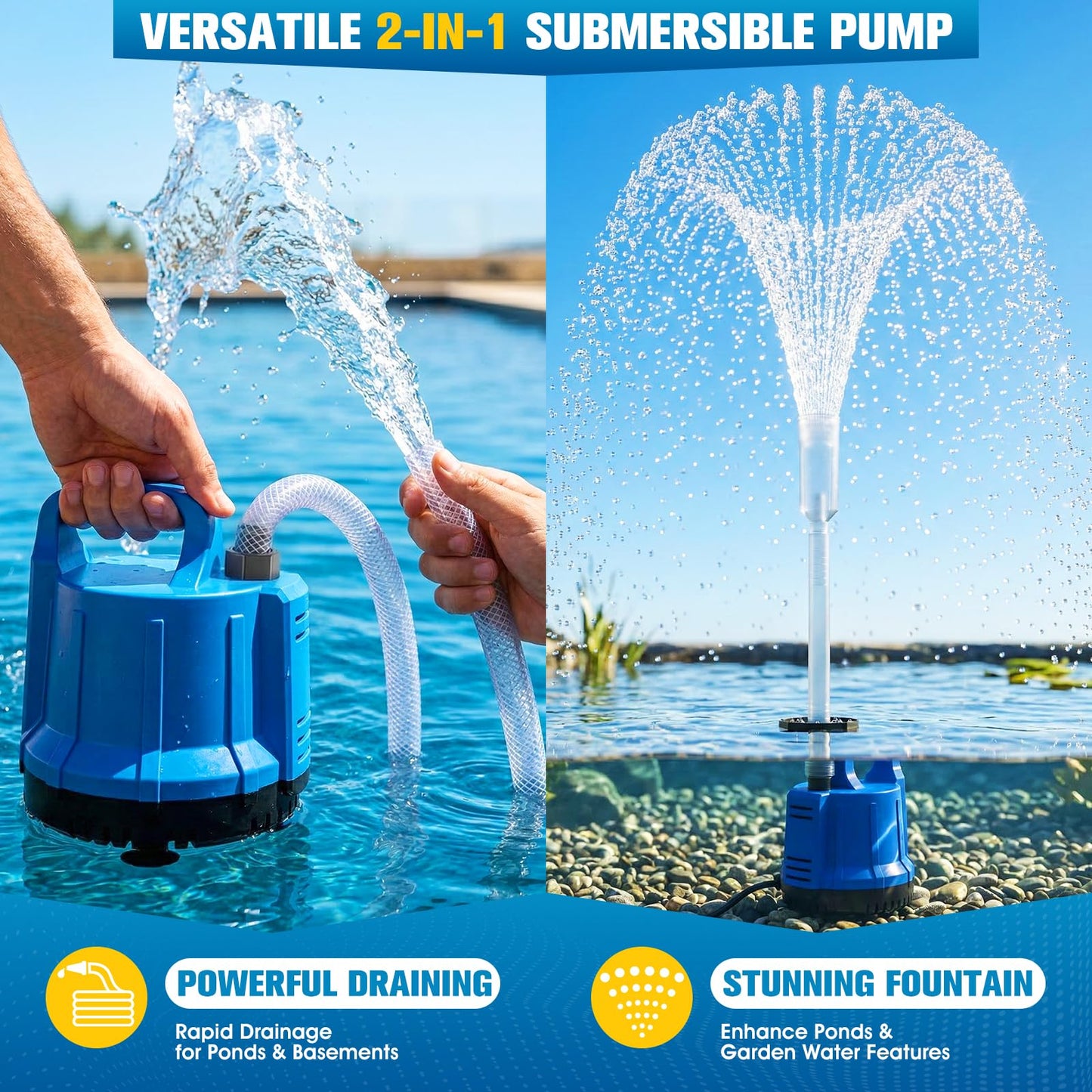 2026 Patented Pond Filter with Pump Fountain Lights, 2-in-1 Pond Filter with Pond Pump and Fountain Kit,Pond Filter Fountain for Koi Pond Filters System, Auto Water Sensor, 16ft Hose-Dark Blue