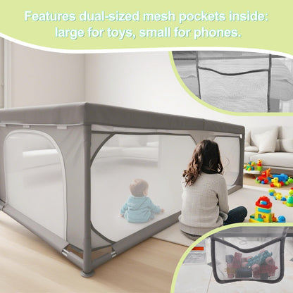 Baby Playpen 79"x79" Extra Large Play Pen for Babies and Toddlers, Safety Baby Play Yard & Fence with Dual Zipper Doors, Dual Storage Mesh Pockets, and Fully Transparent Sides