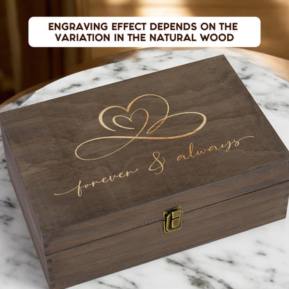 Rustic Wooden Memory Box – Medium Keepsake Storage Box with Double-Sided Engraving – “Forever & Always” Outside & “Every Love Story…” Inside – Personalized Gift for Couples, Wedding, Anniversary