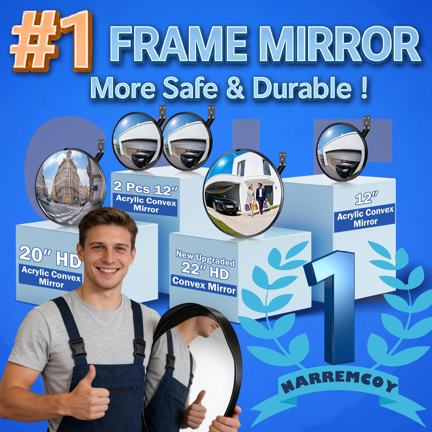 Narremcoy 20" HD Acrylic Convex Mirror - 160 Adjustable Wide Angle View, Leather Frame & ABS Back, Blind Spot Mirror for Indoor/Outdoor Use in Garage, Warehouse, Driveway, Store & Office Security