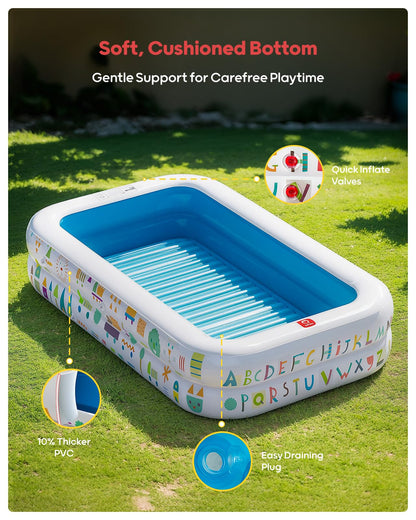 QPAU Kiddie Pool – 65" x 39" Inflatable Pool for Kids & Toddlers, Ball Pit & Baby Pool with Soft Cushioned Floor, Canopy for Sun Protection, Durable Outdoor Play Toys for Backyard & Indoor (Blue)