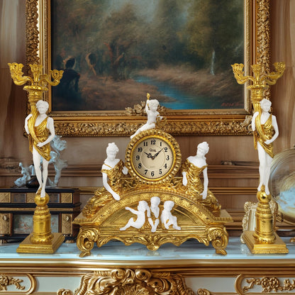 GENUINQ Clock Ornate Rococo Style Mantel Clock with Candelabras Candle Holders Gold for Home Decor