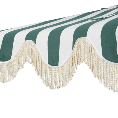 JONATHAN Y Half Umbrella UMB1201L Beverly 9 ft. Designer Classic Scalloped Fringe Market Patio with Crank, Tilt Button and UV Protection in Green/White, White Pole
